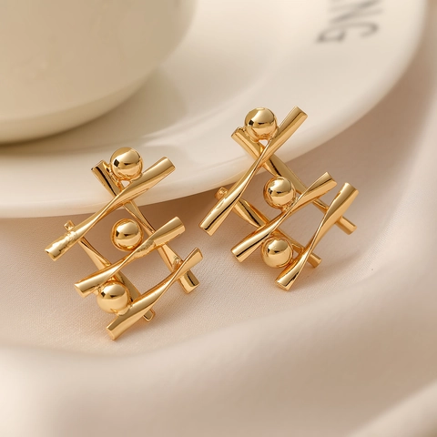 Orecchini A Perno Geometrici Irregolari Con Perno In Rame Placcato Oro Reale Griglia Croce Stile Moderno Minimalista Per Donne