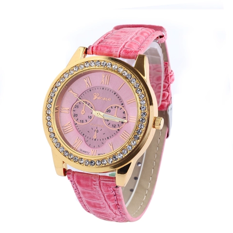 Dames Quartz Horloge Gelegeerd Kast Strass Bezel Romeinse Cijfers Krokodil Textuur Kunstleren Band Modeaccessoire