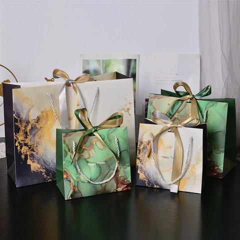 Marble Pattern Gift Bags Paper Handle Ribbon Bow Elegant Packaging For Wedding Party Festival Happy Times Design