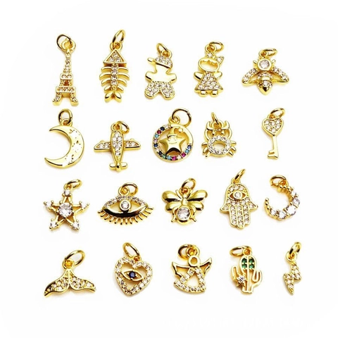 Copper Gold Plated Micro Pave CZ Mini Pendants Star Moon Bee Evil Eye Hamsa Hand Charms For DIY Jewelry Making Accessories