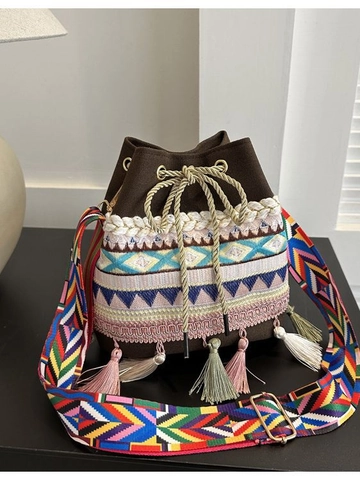 Ethnic Style Canvas Bucket Bag With Embroidery Tassels Colorful Wide Strap Bohemian Drawstring Crossbody For Women