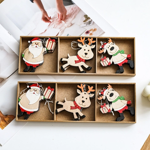 9-delige Kerst Houten Hangers Set Kerstman Rendier Hangende Ornamenten Met Opbergdoos Voor Kerstboom Huisdecoratie