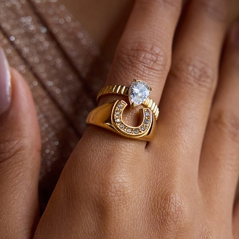Horseshoe And Pear Cut Water Drop Zircon Rings Stainless Steel Gold Plated Elegant Fashion Jewelry For Women