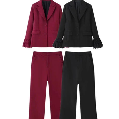 Completo Blazer E Pantaloni Da Donna Finiture In Piume Manica Lunga Vestibilità Aderente Moda Streetwear Poliestere