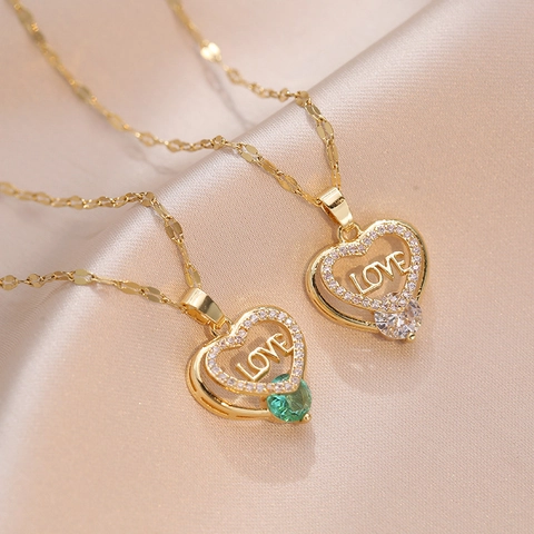 Collana con Pendente a Cuore in Acciaio al Titanio per Donna con Scritta LOVE Cristallo Strass Catena Oro Gioielli Romantici