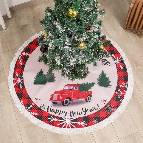 Kerstboomschort Rode Truck Buffalo Plaid Patroon Jute Met Witte Kwastjes Rand Feestelijke Decoratieve Vloerbedekking