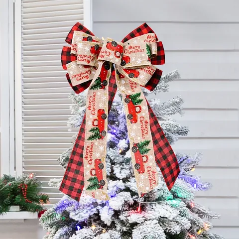 Weihnachtsbaumschleife Büffelkaro Sackleinen Band Mit Rotem LKW Baum Druck Für Feiertags Haus Kranz Party Dekoration