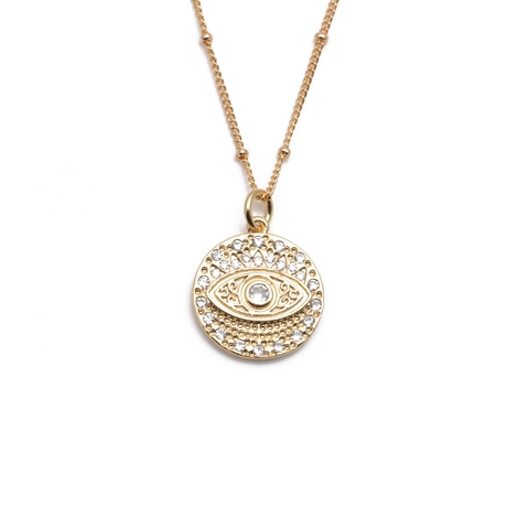 Evil Eye Anhänger Halskette Kupfer Mit Zirkon Vergoldet Modeschmuck Für Damen Runde Medaillon Satellitenkette