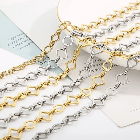 Stainless Steel Geometric Hollow Chain Necklace Trendy Square Heart Spliced Jewelry For Women Minimalist Fashion