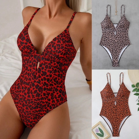 Sexy Women Leopard Print Swimsuit Deep V Neck Hollow Out High Cut Beachwear Padded Polyester Adjustable Spaghetti Straps