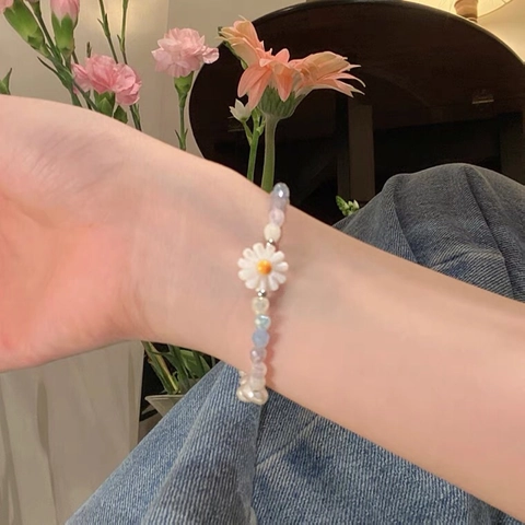 Women Fashion Artificial Pearl Daisy Pendant Necklace Bracelet Set Colorful Beaded Clavicle Chain Sweet Floral Jewelry