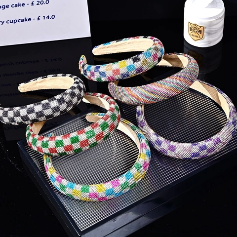Rhinestone Headband Wide Padded Checkered Colorful Sparkling Fashion Hair Accessory For Women Girls Party Styling