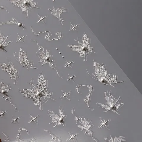 3D Embossed Nail Art Stickers White Butterfly Star Patterns Faux Artificial Pearl Decals PET Self Adhesive Manicure Decoration