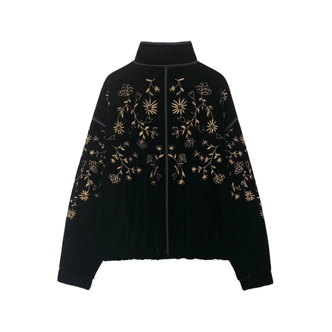 Dames Vintage Fluwelen Jas Met Gouden Bloemenborduurwerk Opstaande Kraag Losse Rits Lange Mouw Herfst Winter Bovenkleding