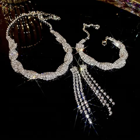 Twisted Woven Copper Rhinestone Necklace Bracelet And Tassel Earrings For Women Elegant Silver Tone Party Jewelry