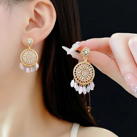 Retro Bohemian Dreamcatcher Ear Drops With Faux Artificial Pearl Rhinestone Alloy And Silver Earring Post For Women