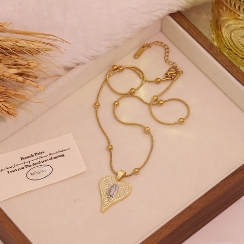 Hart Hanger Ketting Koper Micro Pave Zirkonia Gepersonaliseerde Kruis Maagd Maria Religieuze Sieraden Vrouwen Vintage Stijl