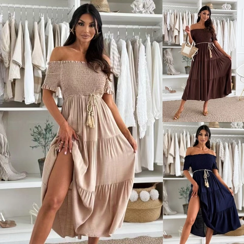 Women Off-the-Shoulder Tiered Maxi Dress Smocked Waist Bohemian Style Summer Vacation Short Sleeve Polyester Dress