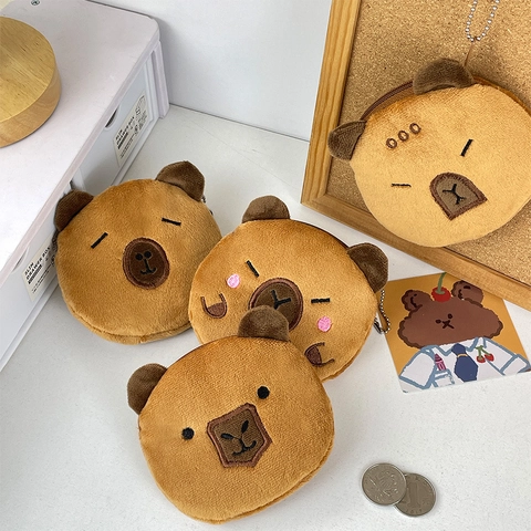 Cute Capybara Plush Coin Purse Mini Animal Head Pouch With Keychain Zipper Small Wallet For Girls