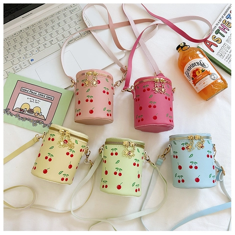 Kids Girls Mini Cylindrical Crossbody Bag Cherry Print PU Leather Shoulder Bag Cute Princess Small Bucket Purse