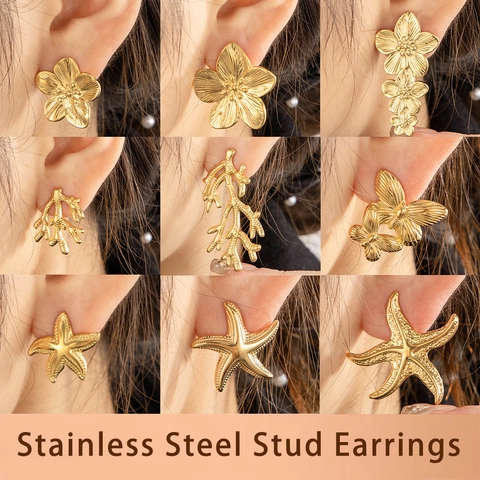 Titanium Stainless Steel Stud Earrings For Women Gold Flower Starfish Butterfly Coral Branch Textured Fashion Jewelry Accessories