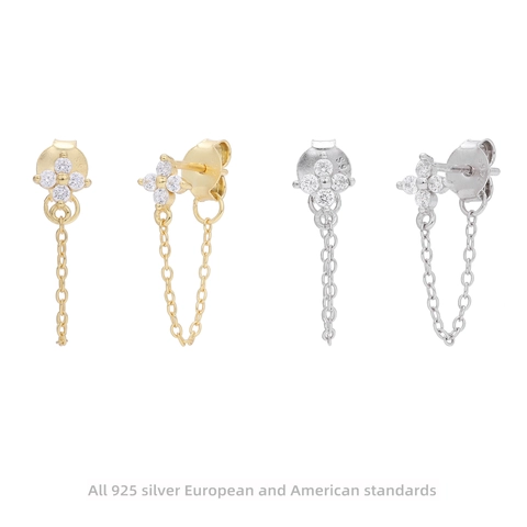925 Sterling Silver Flower Tassel Stud Earrings Zirconia Inlaid Gold Silver Plated Elegant Dangle Jewelry For Women
