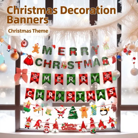 Pancarta De Navidad Bandera Colgante Papel Merry Christmas Letra Dibujos Animados Papá Noel Muñeco De Nieve Decoración Para Fiesta Hogar Celebración