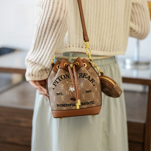 Women Bucket Bag PU Leather Canvas Teddy Bear Embroidery Drawstring Crossbody Bag With Mini Round Coin Purse Casual