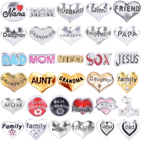Forme De Coeur Nom De Membre De La Famille Floating Charms Alliage Émail Strass DIY Création Bijoux Pendants Pour Médaillons Bracelets