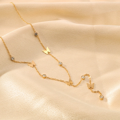 Collana Con Pendente A Farfalla Acciaio Inossidabile Placcato Oro 18K Catena Clavicola A Y Con Zirconi Per Donna