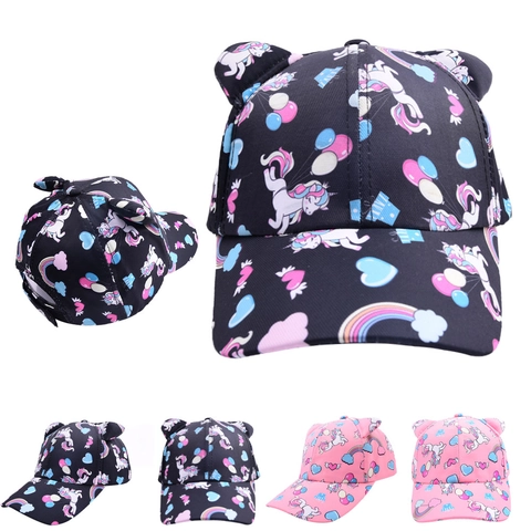 Cappellino Da Baseball Per Bambini Cotone Orecchie Unicorno Arcobaleno Stampato Cappello Sole Per Bambini Carino Regolabile
