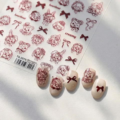 Vintage Nail Art Stickers Hand Painted Cute Cartoon Animal Bear Rabbit Bow Decals For DIY Manicure Red Wine