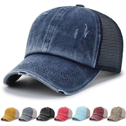 Vintage Distressed Baseball Cap Washed Cotton Mesh Trucker Hat Ponytail Hole Adjustable Retro Sun Hat For Women Men