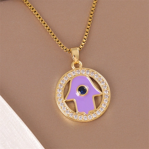 Collana Pendente Mano Di Hamsa Malocchio Catena Box In Acciaio Inossidabile Placcato Oro Smalto Zircone Gioielli Donna