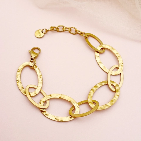 Hammered Gold Plated Stainless Steel Link Bracelet Geometric Heart Shape Textured Adjustable Chain Fashion Jewelry Women