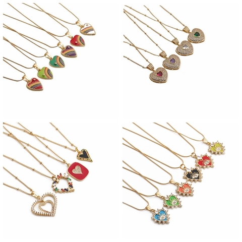 Herz Anhänger Halskette Kupfer Zirkon Emaille Bunt Regenbogen Böser Blick Schmuck Für Damen Mode Geschenk