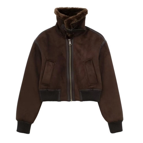 Giacca Bomber Da Donna In Finta Pelle Scamosciata Foderata In Sherpa Cerniera Collo Alto Streetwear Casual Capispalla Caldi