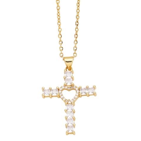 Collana con Pendente a Croce e Cuore in Rame e Zirconia Moda per Donna Stile Hip Hop Catena a Clavicola Placcata in Oro