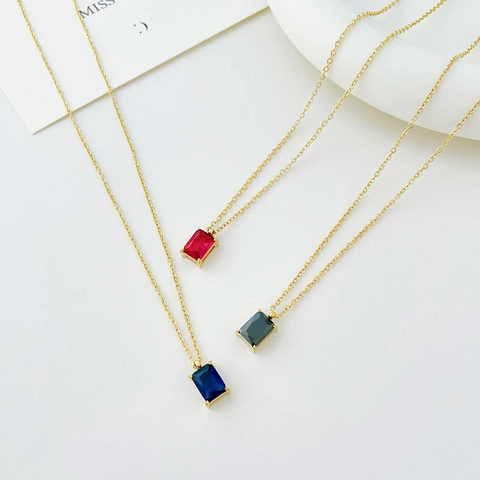Minimalist Stainless Steel Necklace With Rectangular Emerald Cut Gemstone Pendant For Women 14K Gold Plated Jewelry