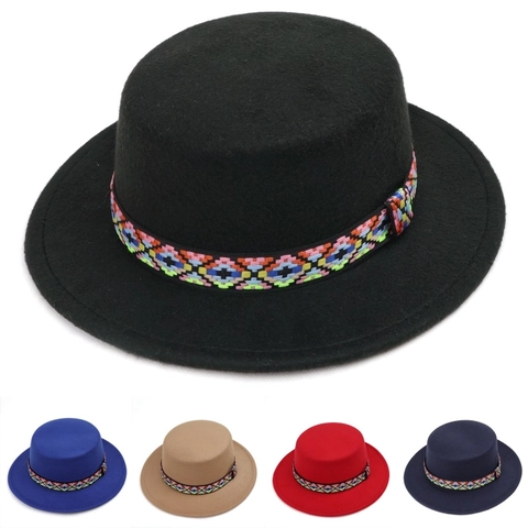 Flat Top Boater Hat Polyester Felt Ethnic Colorful Ribbon Wide Brim Retro British Performance Jazz Cap For Women Men