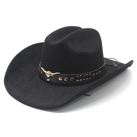 Western Cowboy Hat Faux Suede Vintage Bull Head Decoration Wide Brim Jazz Fedora Outdoor Men Women
