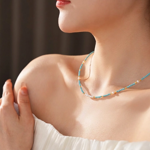 Turquoise Freshwater Pearl Beaded Necklace Stainless Steel Gold Plated Bohemian Beach Vacation Jewelry For Women