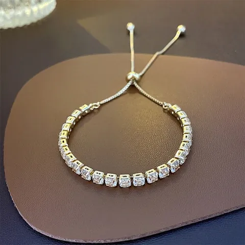 Elegant Adjustable Tennis Bracelet Copper Zircon Geometric Pull Chain Sparkling Hand Jewelry Light Luxury For Women