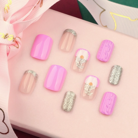 Christmas Press On Nails 3D Sweater Texture Silver Glitter Pink Gnome Artificial False Fingernails For Women