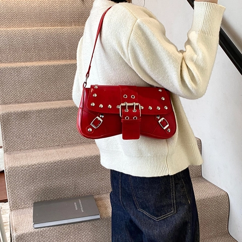 Women Punk Rivet Shoulder Bag PU Leather Vintage Motorcycle Millennium Style Underarm Baguette Bag With Silver Metal Buckle