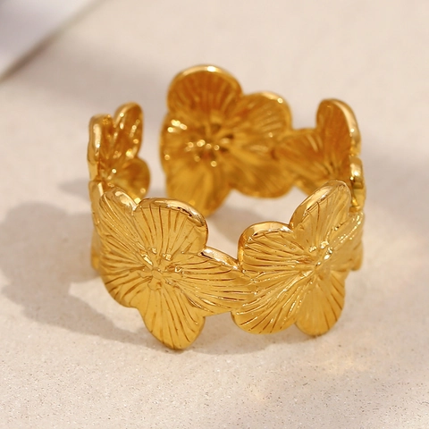 Floral Open Ring Stainless Steel 18K Gold Plated Adjustable Vintage Style For Women Elegant Jewelry
