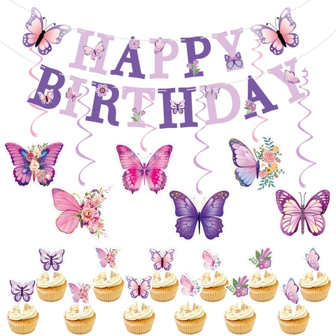 Decorazione Per Festa Di Compleanno Farfalla Viola Banner Di Carta Spirali Topper Per Cupcake Floreale Per Ragazze