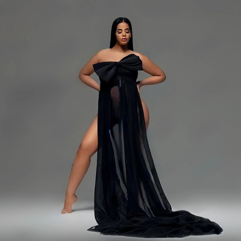 Maternity Photography Dress Off Shoulder Chiffon Tulle Large Bow Sexy Floor Length Pregnancy Photo Shoot Gown Black