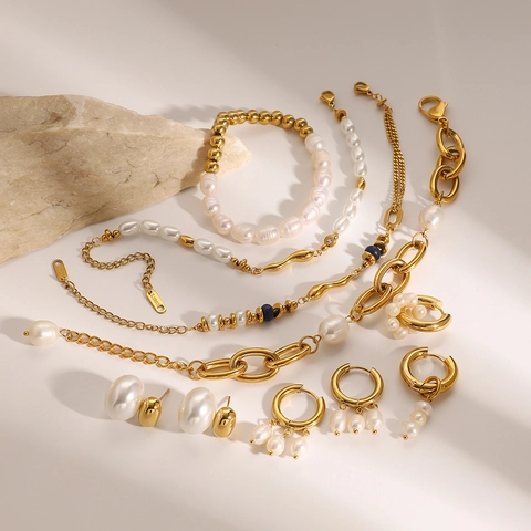 Stainless Steel Artificial Pearl Rhinestone Bracelet Earrings Jewelry Set Gold Plated Geometric Chain For Women Fashion Jewelry