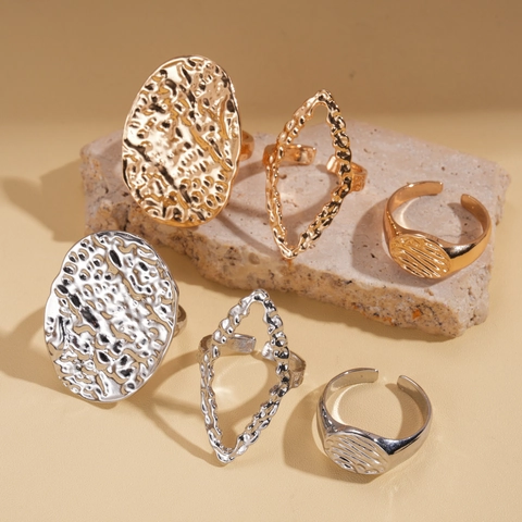 Hammered Geometric Alloy Rings Adjustable Retro Bohemian Style Jewelry Accessories For Women
